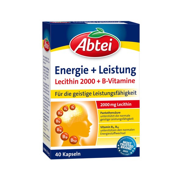 Abtei Energy + Performance - 2000 mg Lecithin + 7 B Vitamins - High Dose - Dietary Supplement for Concentration and Mental Performance - 1 x 40 Capsules