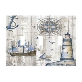 Xuejiaku Light Switch Cover Rustic Nautical Anchor Sailboat Compass Lighthouse Wood 3 Gang Wall Plate Triple Light Switch Plate Toggle Decorative Outlet Covers Electrical Switchplate for wall Decor
