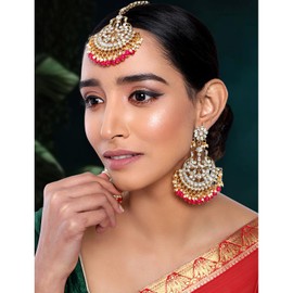 Aheli Faux Kundan Pearl Wedding Chandbali Earrings with Maang Tikka Indian Traditional Bollywood Jewelry Set Gift for Women Rani Pink