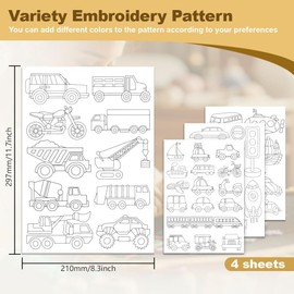 DOODLREAM 50Pcs Transportation Vehicle Embroidery Pattern Stabilizer, 21 x 29.7cm Car Truck Soluble Stick and Stitch Embroidery Sticker, 4 Sheets Train Airplane Water Hand Sewing DIY Embroidery Paper
