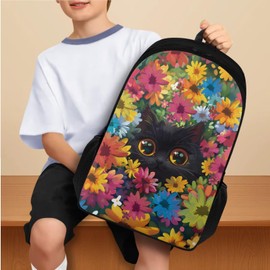 Yuresuaet Kids Backpack Set with Lunch Bag for Girls 8-10 Cats Flowers School Bag for Boys 4th Grade Pencil Case Insulated Lunch Box Water Bottle Carrier with Strap Back to School Set