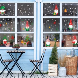 WALPLUS Christmas Window Stickers Clings Xmas Decoration Sale Clearance Reusable Double-Sided Print Decals for Glass Living Room Windows Display Xmas Gnomes with Snowflakes 198 Pieces