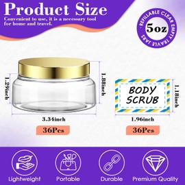 36 Pack 5 oz Plastic Cosmetic Containers With Lids Refillable Clear Empty Travle Jars Containers for Body Butter,Sugar Scrubs,Cream,Lotions,Candy, Waterproof Label&Spatulas - (Gold)