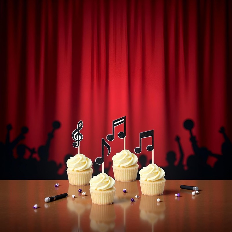 36pcs Musical Notes Cupcake Toppers，Black Glitter Note Cupcake Picks For