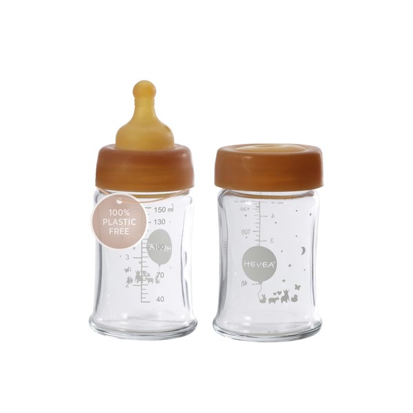 HEVEA Wide Neck Glass Baby Bottles - Slow Flow Anti Colic Baby Bottles Newborn 0+ Months - Planet-Friendly, BPA-Free, Two-Pack (5 Oz)
