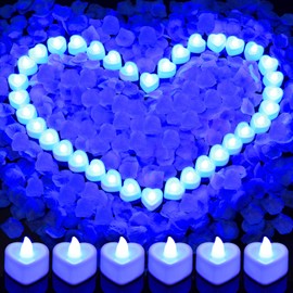 Flasoo Rose Petals and Candles Set for Romantic Decoration, 3000 Pcs Blue Rose Petals and 36 Pcs Heart Candle Lights for Special Night, Wedding, Anniversary, Valentine Day for Hotel and Bedroom Decor