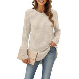 Aokosor Long Sleeve Tops for Women UK Ladies Jumpers Side Split Women Jumpers Curved Hem Ladies Tunic Tops Ladies Jumper 18-20 Beige
