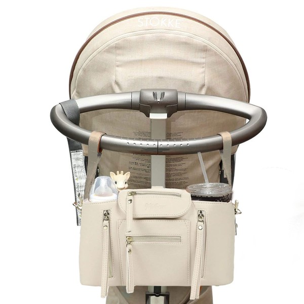 motheric Beige Vegan Leather Baby Buggy Universal Pram Caddy Organiser - Stroller Pushchair Organizer with Cup Holder accessories - Shoulder Bag