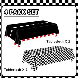 Oigco 4 Pack Racing Car Tablecloth - Race Car Birthday Party Decorations Racetrack Rectangular Tablecloth - Checkered Table Cover for Two Fast Birthday Decor, 54 x 108 Inch