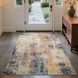 Merelax 4x6 Washable Area Rug for Living Room, Beige Boho Abstract Bedroom Area Rugs, Non Slip Entryway Rug, Low Pile Carpet for Kitchen Dining Room Study Office Kids Room