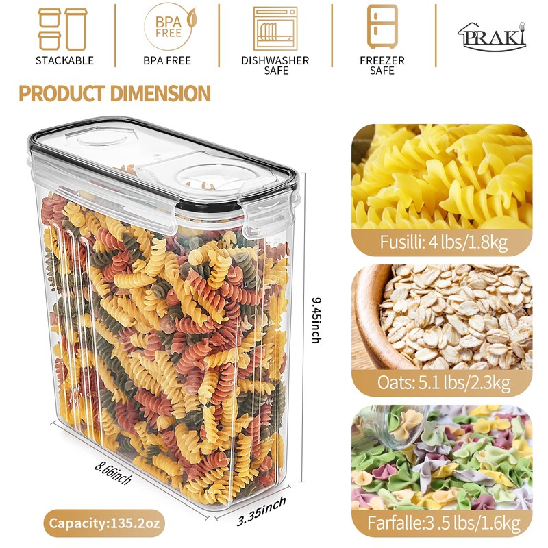 PRAKI Cereal Containers Storage Set (4L,135.2 Oz), 4PCS Airtight Food