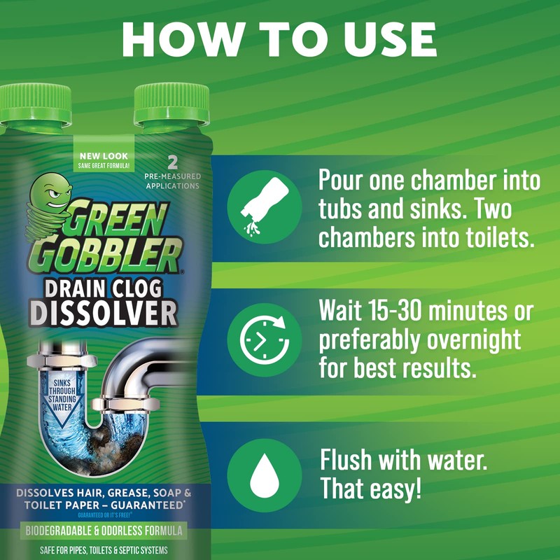 Green Gobbler Liquid Hair Drain Clog Remover, For Toilets, Sinks,