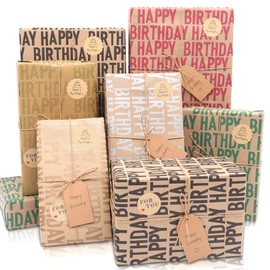 MAMUNU Kraft Gift Wrap Birthday Wrapping Paper Recycling Set with Paper Rope Stickers Labels for Children Men Women 12 Sheets 70 x 50 cm Folded Restro Vintage Packing Paper for Birthday (Colourful)