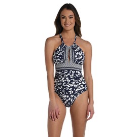 La Blanca Women's Standard High Neck One Piece Swimsuit, Indigo//Changing Tides, 14