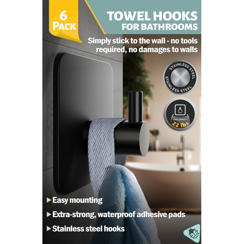 Menz 6-Pack Adhesive Towel Hooks for Bathrooms, Black - Durable