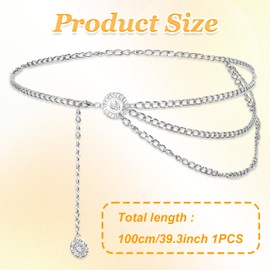 Sliver Chain Belt for Women Multilayer Metal Waist Chain Belts, Fashion Multilayer Adjustable Women Sliver Long Belt Body Belly Jewelry for Dresses Jeans Trousers