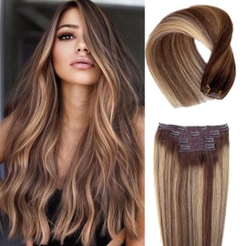 Hair Extensions Clip in Human Hair, Ombre Brown Balayage to Caramel Blonde Highlights Real Hair Extensions Clip ins, Lace Weft 4 Pieces Hair Extensions 18inch Clip in Human Hair 100G for White Women