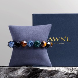 AWNL Men's Woven Drawstring Beaded Bracelet with Tiger's Eye Onxy Bloodstone Gemstones with Sterling Silver Closure Bracelet,Gift for Men Husband Boyfriend (10mm Gemstone)