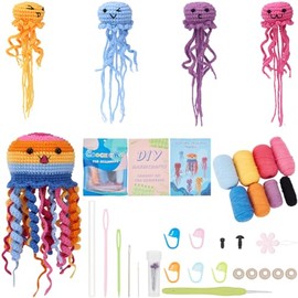 SUNNYCLUE Animal Crochet Kit Complete Beginner Crochet Kit Summer Ocean Jellyfish Starter Step-by-Step Video Tutorials Learn to Stitch 3D Stuffed Crocheting Amigurumi Knitting Kits for Adult Starters