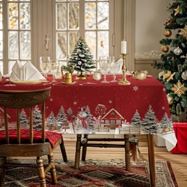 AIBIIN Christmas Tablecloth Winter Snowman Snowflakes House Christmas Trees Red Washable Table Cover for Dining Room Picnic Party Table Decor Supplies 52x70in