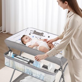 Baby Changing Table with Wheels, Maydolly Portable Adjustable Height Folding Diaper Station with Nursery Organizer & Storage Rack for Newborn Baby and Infant (Light Grey)