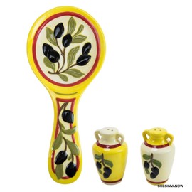 Boston Warehouse Tuscan Salt Pepper Shakers Spoonrest Boxed Gift Set Designer Boston Warehouse
