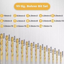 99 Piece Titanium Drill Bit Set: Drill Bit Set with Spiral Drill Metal Drill Bit Set Professional Drill Set from 1.5 mm to 10 mm - Titanium Drill Bit for Wood Cast Aluminium Alloy Plastic