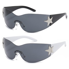 Long Keeper Trend Y2k Wrap Around Sunglasses for Men and Women, Vintage Rimless Sunglasses Women Large with Star UV Protection Fashion Retro Rave Glasses, Black Frame/Grey + White Frame/Grey