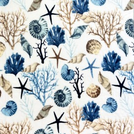 Ocean Life Coastal Throw Blanket: Soft Plush Velvet Fleece Blues Greys and Beige Brown on White, Accent with Shells Coral and Starfish (Coral Reef)