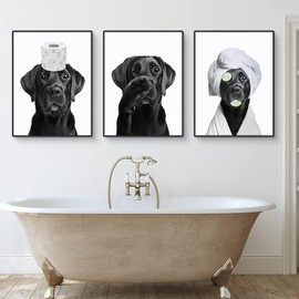 Uixxducc Pack of 3 Posters Bathroom Pictures Bathroom Decoration Pictures without Frame Funny Dog Wall Decoration Picture Toilet Decoration Black White Wall Pictures (30 x 40 cm)