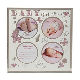 The Juliana Collection Triple Baby Girl Pink Glitter Motif & Glass Photo Frame 8.5" x 8.5" - Birth Gift