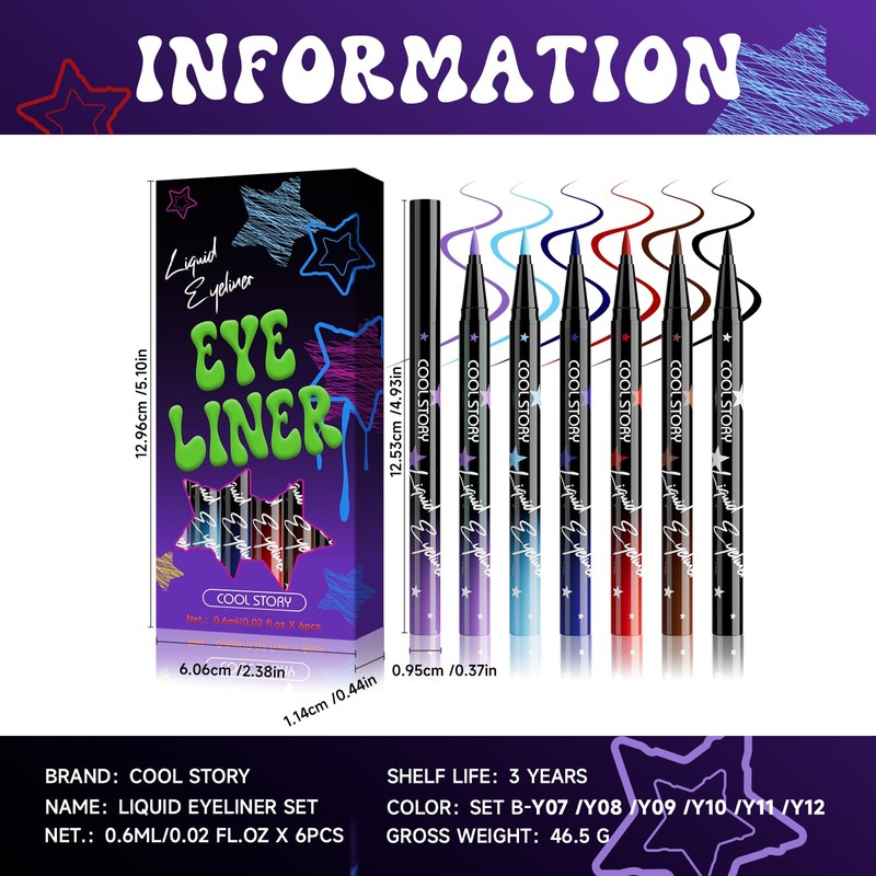 Liquid Eyeliner Waterproof Smudge Proof Colorful Eye Liner 24H Long-Lasting