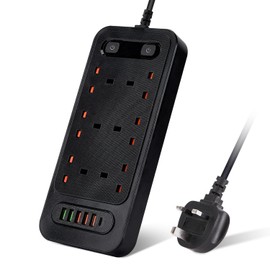 BOCHLION Extension Lead with 6 USB Slots, 6 Way Plug Extension Socket Surge Protection Power Strip with 2M Extension Cord Wall Mounted for Home Office-Black