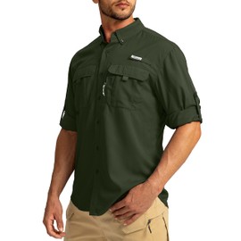 Men's Sun Protection Fishing Shirts Long Sleeve Travel Work Shirts for Men UPF50+ Button Down Shirts with Zipper Pockets(Olive Large)