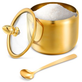 mekueeex 3pcs Sugar Container with Glass Lid and Spoon - 10oz Gold Sugar Bowl for Coffee Bar Station Accessories Kitchen Storage for Salt, Candy, Coffee Bean