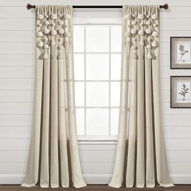Lush Decor - Cortina de Ventana con Pompones Bohemios (Panel Individual), 84 x 52 Pulgadas (Largo x Ancho), Lino Oscuro