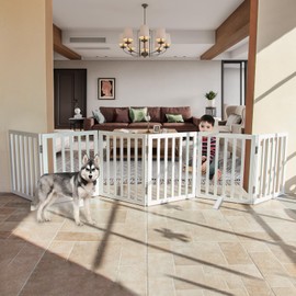 SFJC Freestanding Indoor Dog Fence for The House, Doorways, Hallways,or Stairs, Foldable Wooden White Dog Gate,Expandable Pet Gate 24" Height 6 Panels