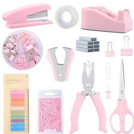 ATDORO Office Supply Set, 10 Set Desk Accessories Include Stapler and Tape Dispenser Lndex Tabs Staple Remover Hole Punch Scissor and Clips Accessories Office Supply for Students (Pink)