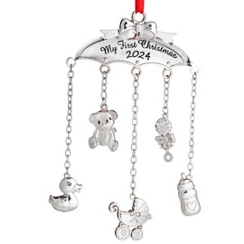 Klikel My First Christmas Ornament 2024 Baby Mobile - Baby First Christmas Ornament 2024-1st Christmas Baby Ornament 2024 - Silver Babies First Christmas Ornament Mobile with Hanging Charms Boy Girl | Klikel