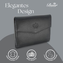 Baur Women's Genuine Leather Wallet with RFID Protection, Small Wallet, Many Card Slots, Wallet with Press Stud Closure, Women's Wallets, black, Classic