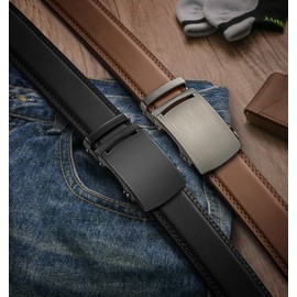 BULLIANT Men belt 2Pack,Leather Ratchet Belt for Gift Men Dress Casual Jeans 1 3/8",Cut for Fit(Black/Tawny,32"-38" Waist Adjustable)