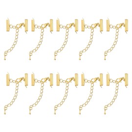 sourcing map 20Sets Slide on End Clasps with Lobster Claw Clasps & Extension Chain, 16mm Tube Slider Crimp Cord Ends for DIY Craft Making, Gold Tone