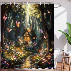 Enchanted Forest Shower Curtain Fairy Tale Tree Floral Butterfly Jungle Fantasy Wonderland Fabric Bathroom Decor Curtain with Hooks 70" Wx70 H