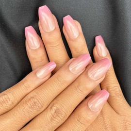 Xiokyo 24Pcs Pink Gradient Press on Nails Medium Coffin Fake Nails Acrylic False Nails Ballerina Manicure Nails Tips Full Cover Glossy Stick on Nails for Women