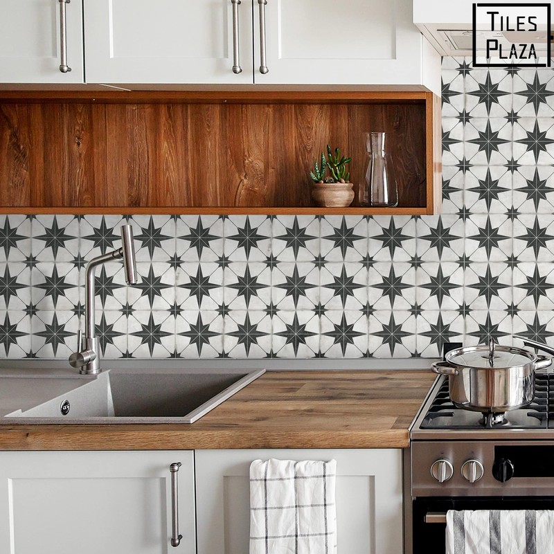 The Tiles Plaza Encaustic Peel and Stick Backsplash, Black Star