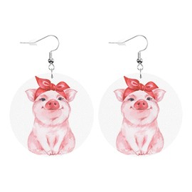 Swono Pig Round Faux Leather Earrings for Women Funny Cartoon Pig Wearing Red Bandana Lightweight Double-Side Printed Drop Dangle Earring for Birthday Party Gift