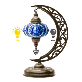 Mozaist Turkish Lamp, Unique Lamps, Moon Shaped Mosaic Table Lamp, Moroccan Handmade Antique Bohemian Vintage Lamp Shade, Tiffany Desk Bedside Stained Glass Lamp with US Plug and E12 Socket