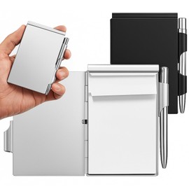 2 Pieces Metal Pocket Notebook with Pen and Refillable Paper, Aluminum Flip Mini Notepad Holder, Small Journal with Pen Holder for Office Supplies Christmas gifts(Black, Silver)