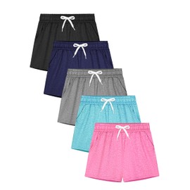 Resinta 5 Pack Girls Dry-Fit Running Shorts Athletic Performance Sports Shorts with Drawstring and Pockets for Kids