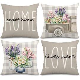 AnyDesign Spring Pillow Covers Gray Buffalo Plaids Sweet Home Love Throw Pillow Case Truck Tulip Lavender Floral Cushion Cover for Farmhouse Couch Sofa Car Decoration, 20 x 20 Inch, Set of 4